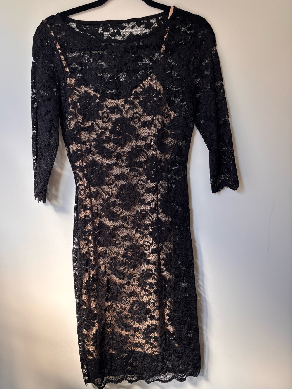 Black Lace Overlay Sheath Dress with Nude Lining